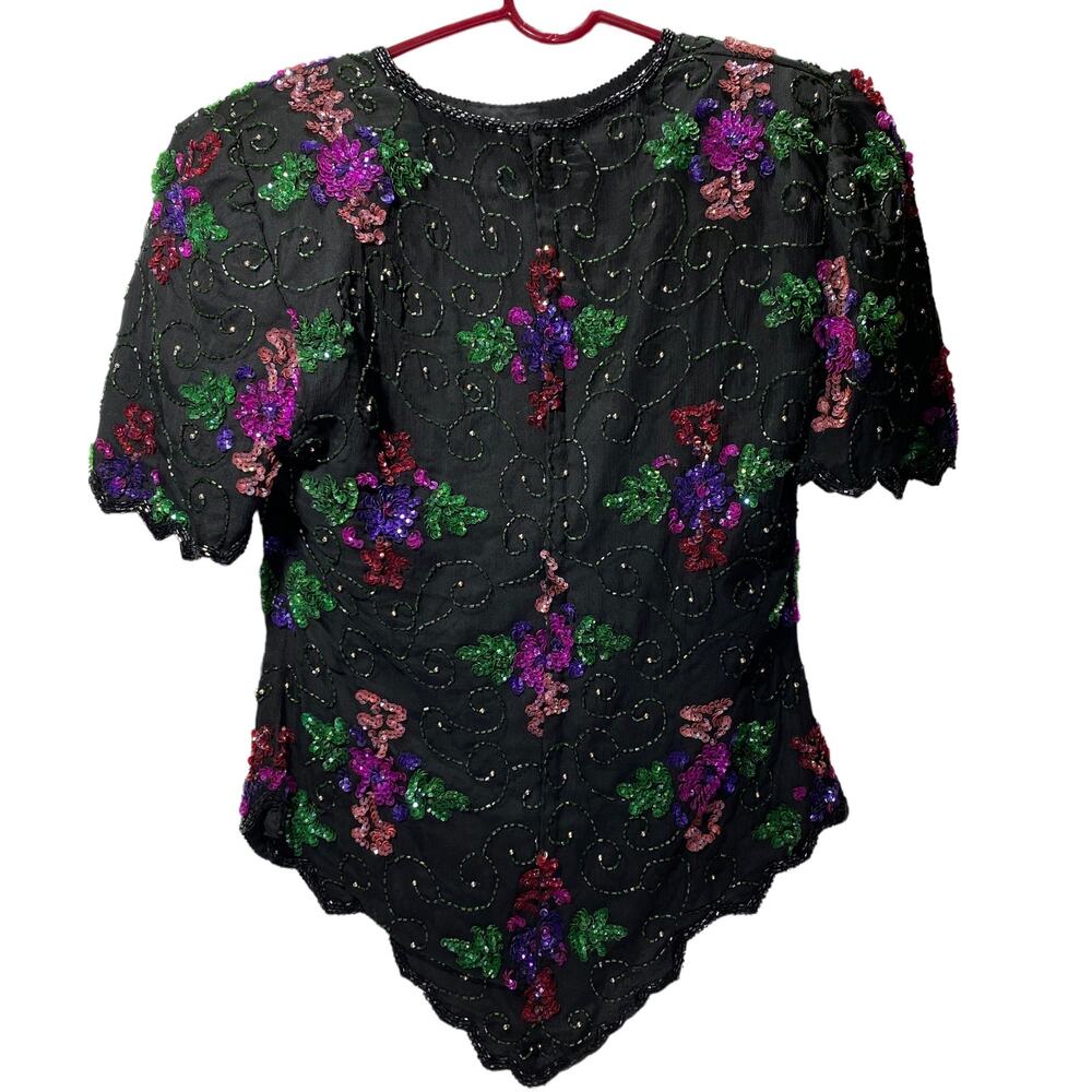 Laurence Kazar Fairy Womens PS Beaded Black Sequined Goth Vintage Silk Blouse